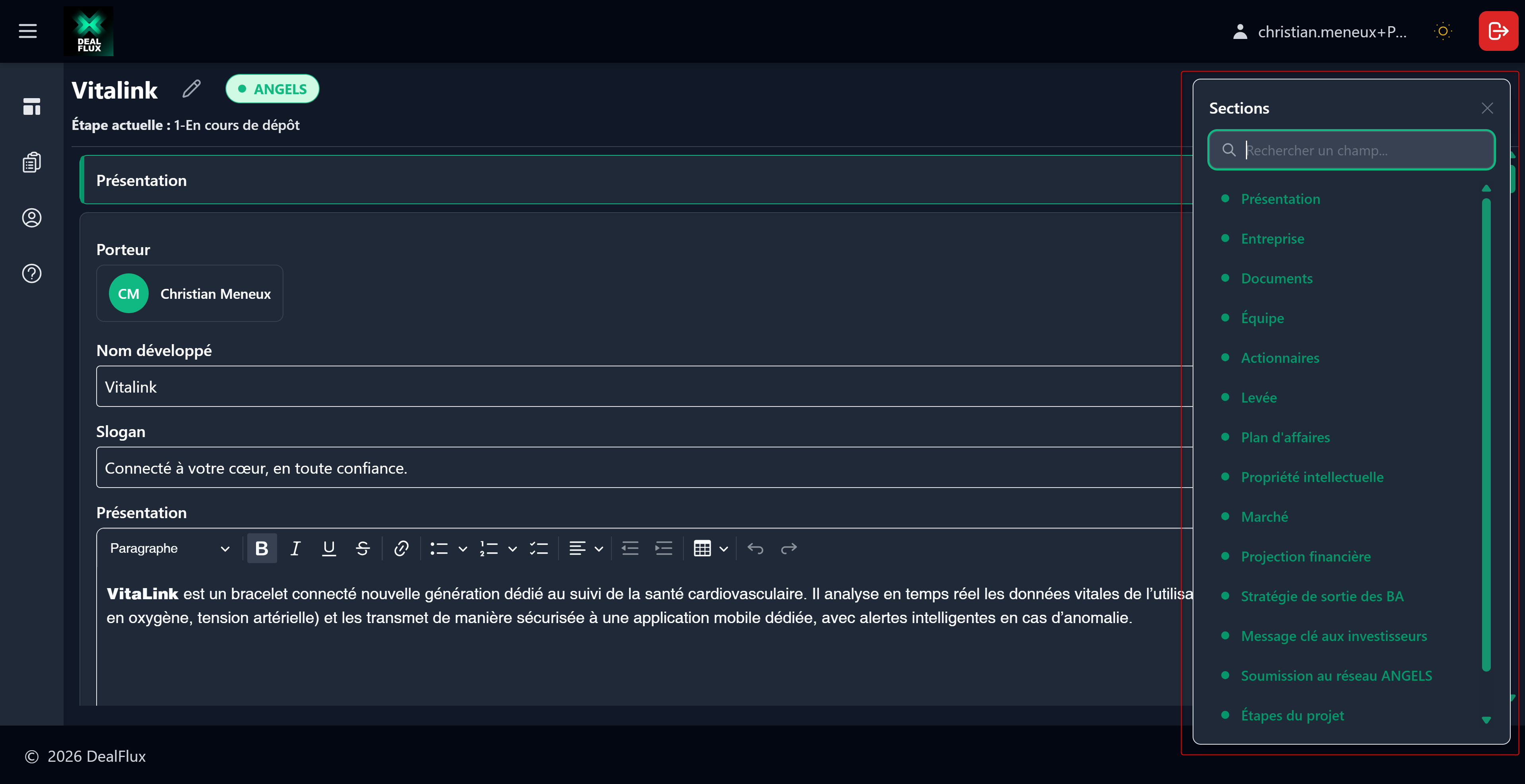 Panneau des sections