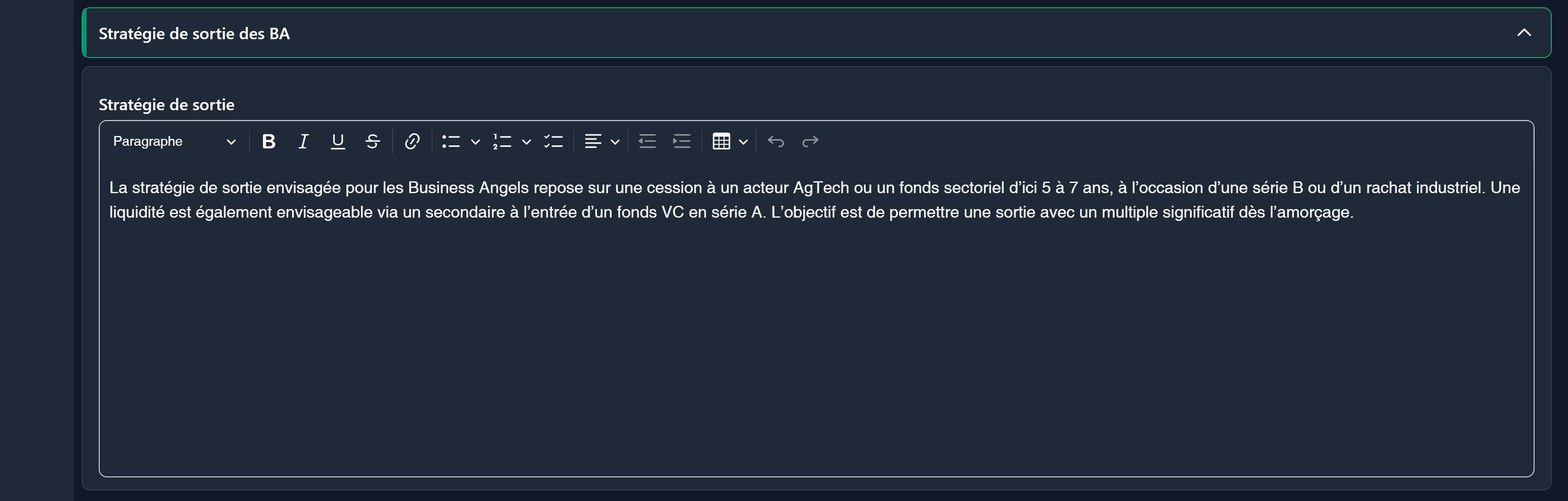 Section Stratégie de sortie